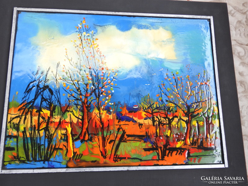 Cs. Uhrin tibor fire enamel pictures - Csaba landscape with flowering trees
