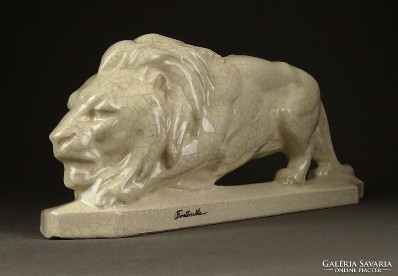 1F463 old cracked glazed louis fontinelle ceramic lion statue 37 cm