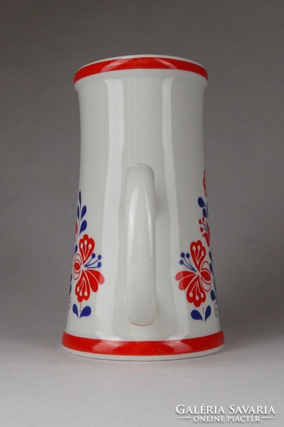 1G280 Hollóházi virágmintás piros kék porcelán söröskorsó 14.3 cm