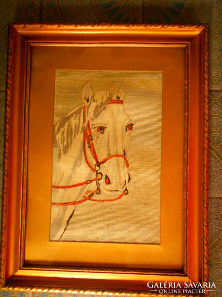 -Antik  tűgobelin-lóportré ( apró kézi gobelin) kép keretezett 48 cm X 36 cm