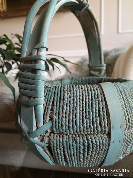 Exotic turquoise seaweed basket with handmade steamed wooden handles, 26 x 30 cm