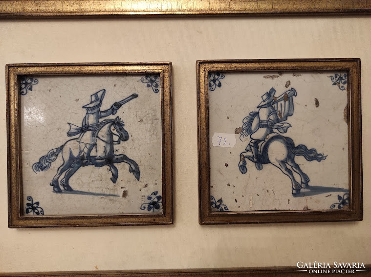 Antique 2 pieces of Delft porcelain tiles in equestrian soldier motif frame 18-19th century delft nr. 72