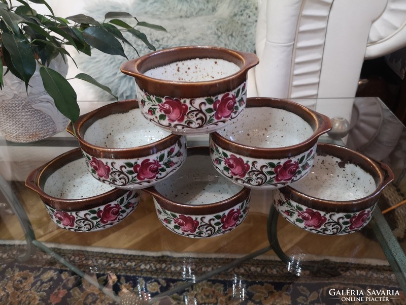 Hand painted faience bowls, 6 rustic ceramic bowls with roses 13 x 6 cm