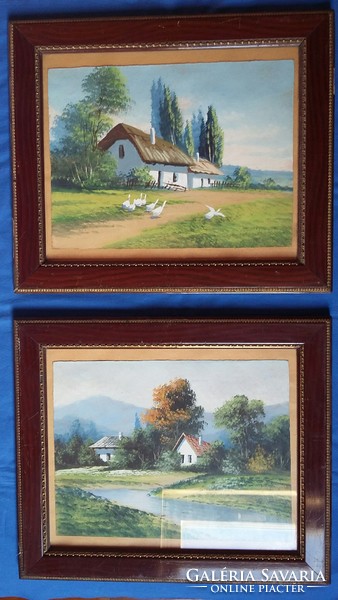 Két tanyasi tájat ábrázoló akvarell név nélkül, azonos keretben