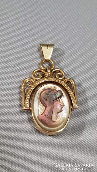 Antique 14k gold pendant carved with special peacock shells, mother of pearl, cameo
