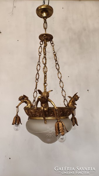 Bronze chandelier, putto ornament made of bronze and glass judge.1900 Years.