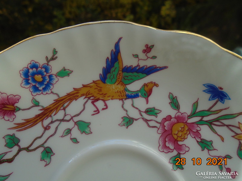 Hammersley lacy, polychrome, tomato bird, embossed hand-numbered teacup with saucer