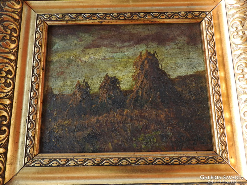 Dayka antal (Hungarian, 1868-1926) - haystacks - oil / wood painting