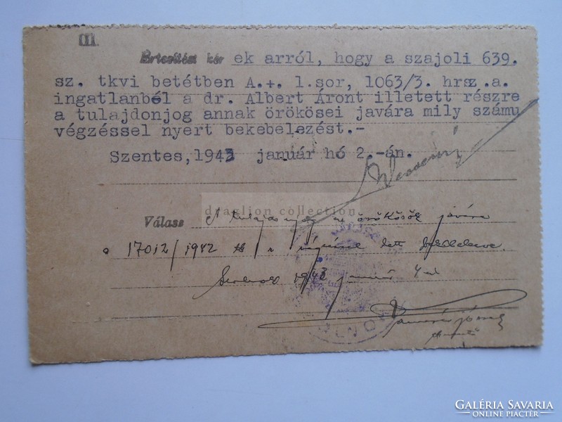 D185262  Levelezőlap Szolnok  1943 -Vecseri István ügyvéd úrnak címezve -SZENTES
