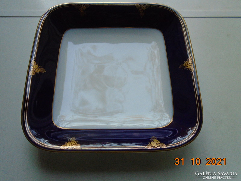 1938 Brand New Hand Painted Cobalt Gold Rose Pattern Schlaggenwald 4 Square Bowls