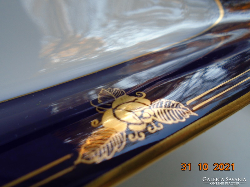 1938 Újszerű Kézzel festett kobalt-arany rózsa mintával SCHLAGGENWALD 4 szögletes tál