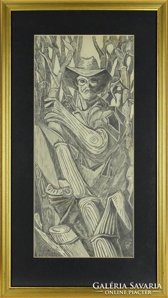 1G499 Jelzett keretezett grafika: Bambuszvágó férfi kalapban 53 cm x 30 cm