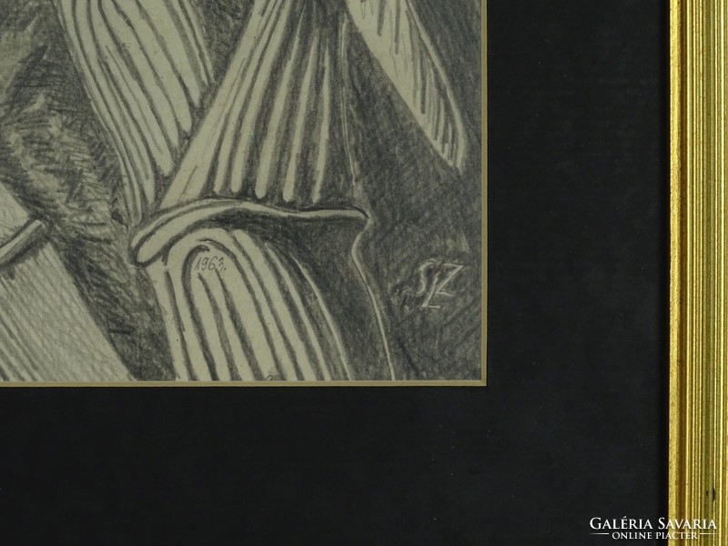 1G499 Jelzett keretezett grafika: Bambuszvágó férfi kalapban 53 cm x 30 cm