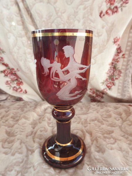 Antique Purple Pickled Erotic Scene with Biedermeier Cup - Hand Polished Glass Cup