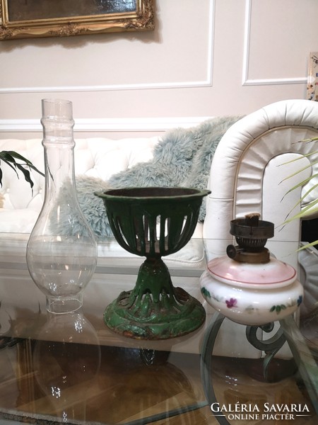 Antique Art Nouveau kerosene lamp intact, blown, broken glass container and lamp glass