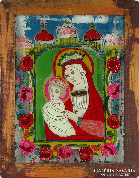 1G440 Antik erdélyi üveg ikon : Mária gyermekével