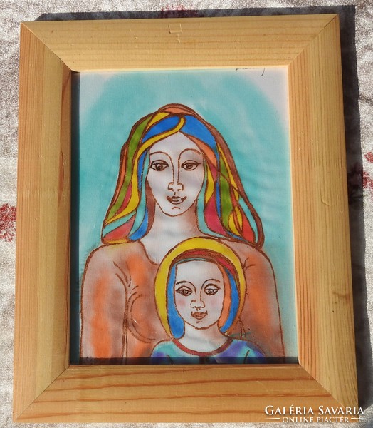 Macskássy Izolda selyem festménye - selyemkép -  Nő gyermekével