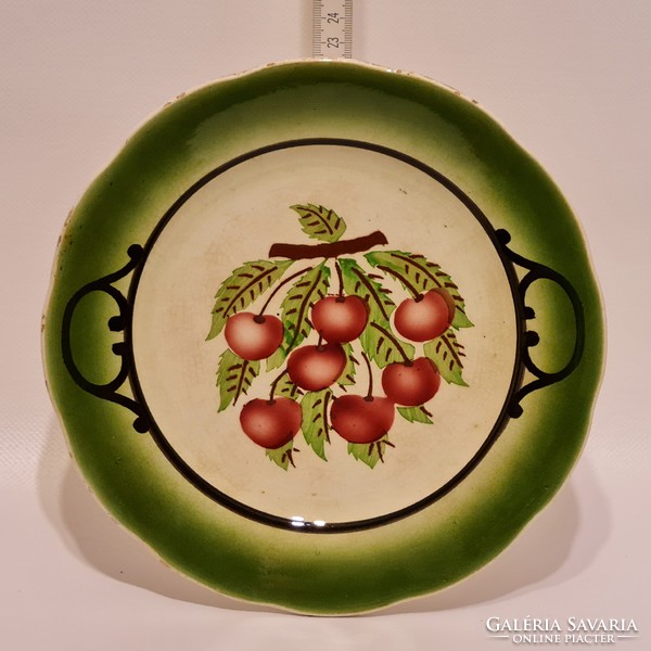Hollóháza cherry pattern, green rhyolite hard tile wall plate (1972)