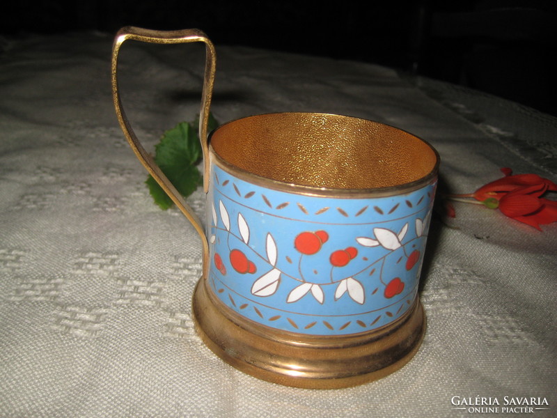 1 metal cup holder with fire enamel decor, 6.5 cm inside