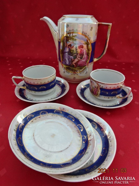 Victoria csehszlovák porcelán teáskészlet, kétszemélyes, jelenestes képpel. Vanneki!