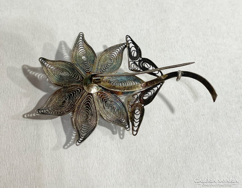 Silver filigree flower brooch, badge - 925