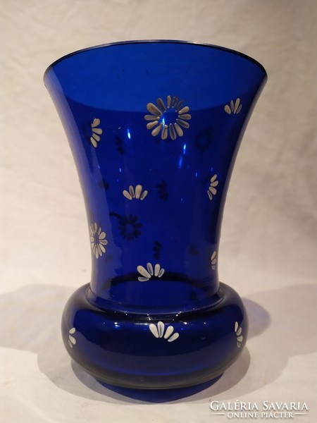 Old cobalt blue painted floral glass vase