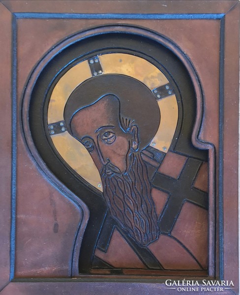 Fk/122 - Saint Paul leather-covered, copper-inlaid wall icon