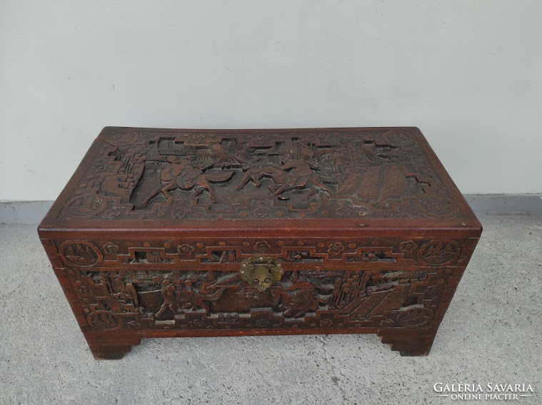 Antique Chinese Richly Carved Brown Wood Hardwood Chest Equestrian Fight Scene With Chest Of Drawers Asia