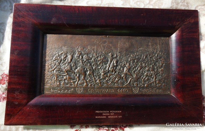 Galvanoplasztika bronz kisplasztika falikép fa keretben  Grundwald 1940 PRZYJACIDLOM WEGIERSKM ZALOG