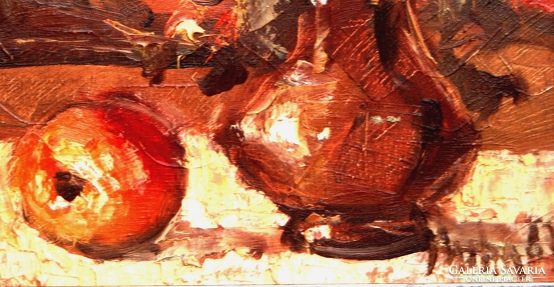 Miha: Expresszív csendélet almával, 1967 - olajfestmény, keretezve