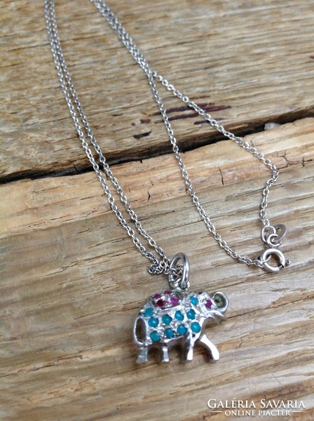 Silver necklace with silver elephant pendant and ruby and chrysoprase stones