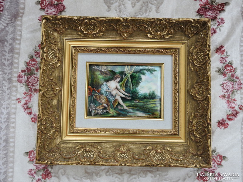 Limoges French fire enamel image - marked - diana, the Greek goddess of hunting, is preparing for a bath.