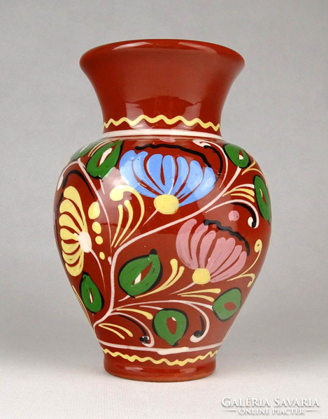 1G475 Barna mázas festett virágmintás kerámia váza 14.5 cm