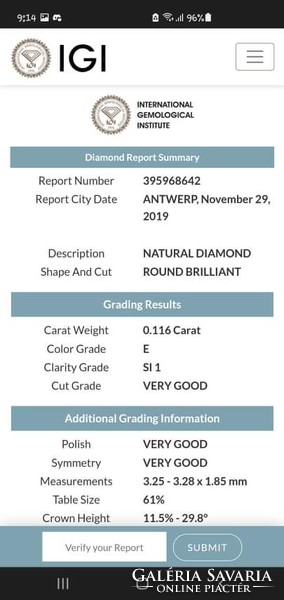 VALÓDI Gyémánt Antwerpen 0,116 ct IGI certifikacióval QR kóddal