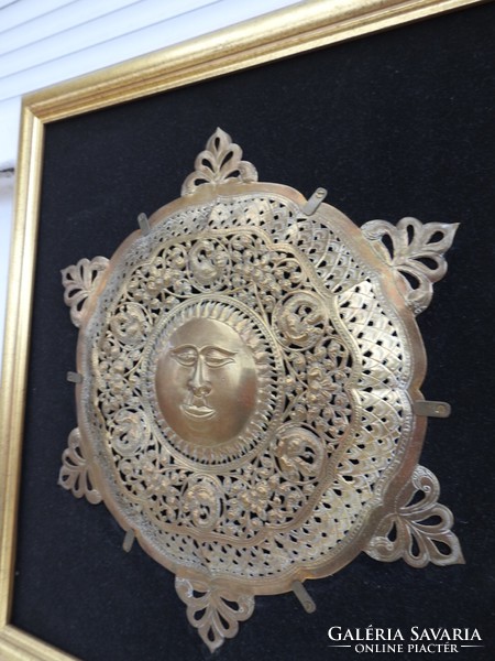 Sun god- huge copper relief in golden thick wooden frame