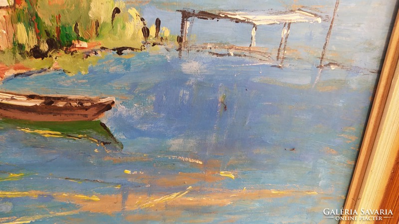 Waterfront painted with sloppy elegance, boats painting 52x67 cm