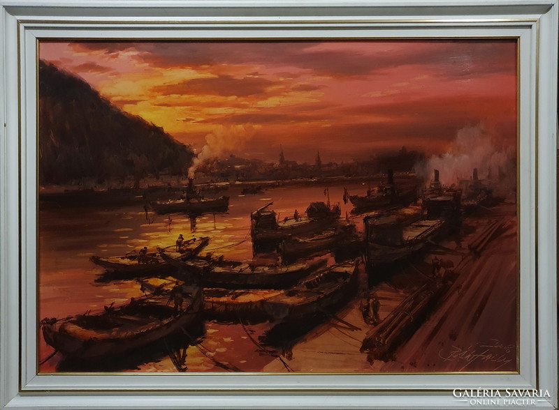 ákos Bánfalvy: Budapest skyline with ships, oil painting