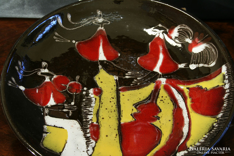Magyar iparművész kerámia dísztányér táncoló nimfák lányok fali tál tányér dísztál 29,5cm