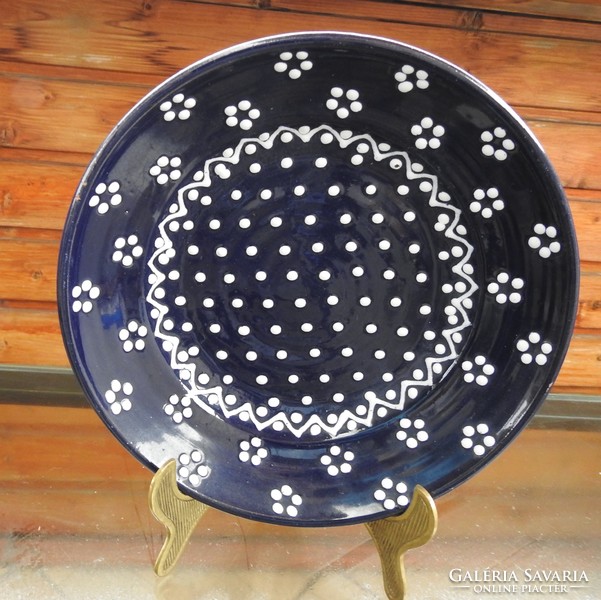Youthful, cheerful, blue base color white polka dot floral wall plate - marked