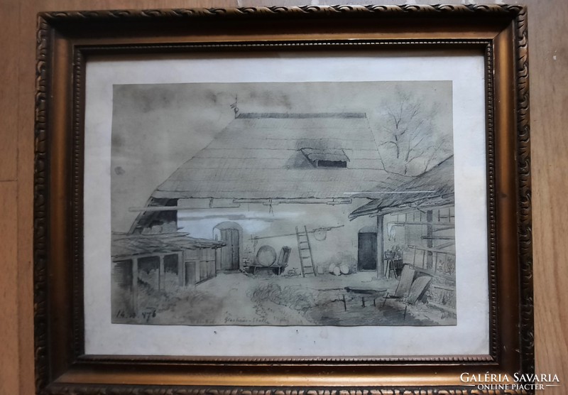 Farm - drawing from 1876 - frame 37x29 cm - German artist?