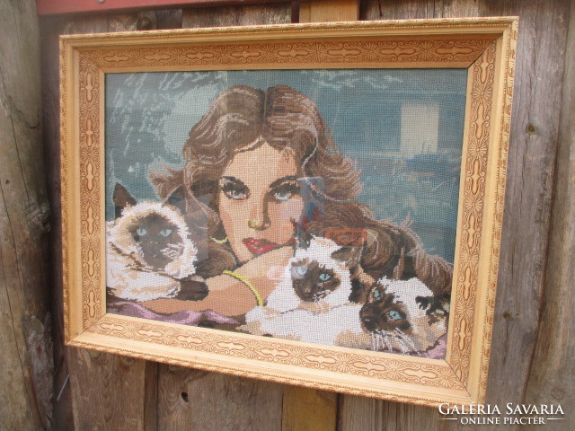 Cat lady tapestry picture. Cat, kitten.