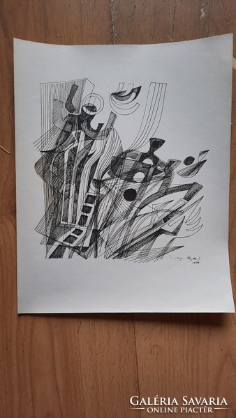 István Varga Hajdú constructivist graphics from 1978, print made after line drawing - angel