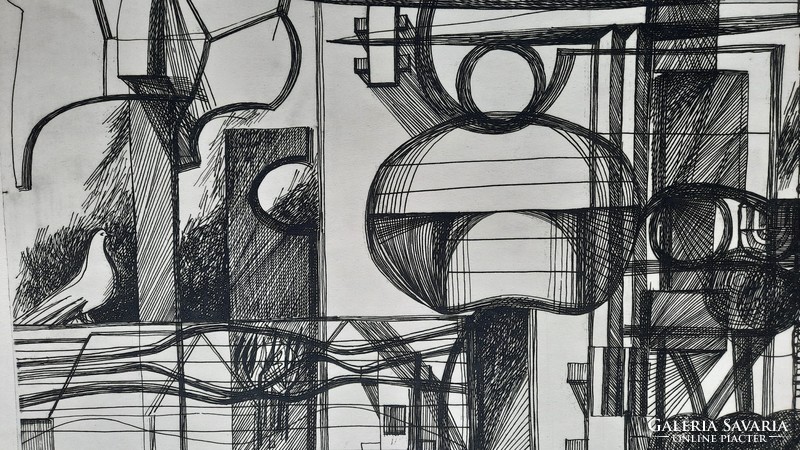 István Varga Hajdú etching - constructivist landscape with pigeons 58x42 cm