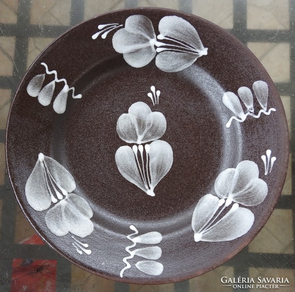 Pair of old brown floral ceramic wall plates - marked!