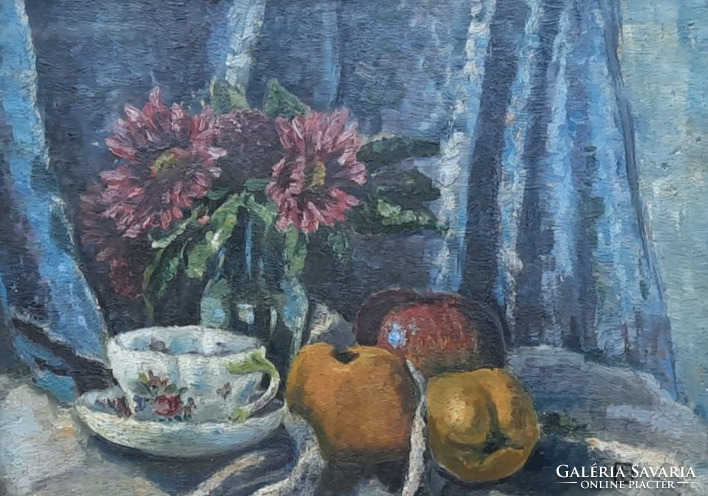 Csendélet csészével,  gyümölcsökkel és virágokkal (olaj, 40x30 cm) azonosítatlan jelzés