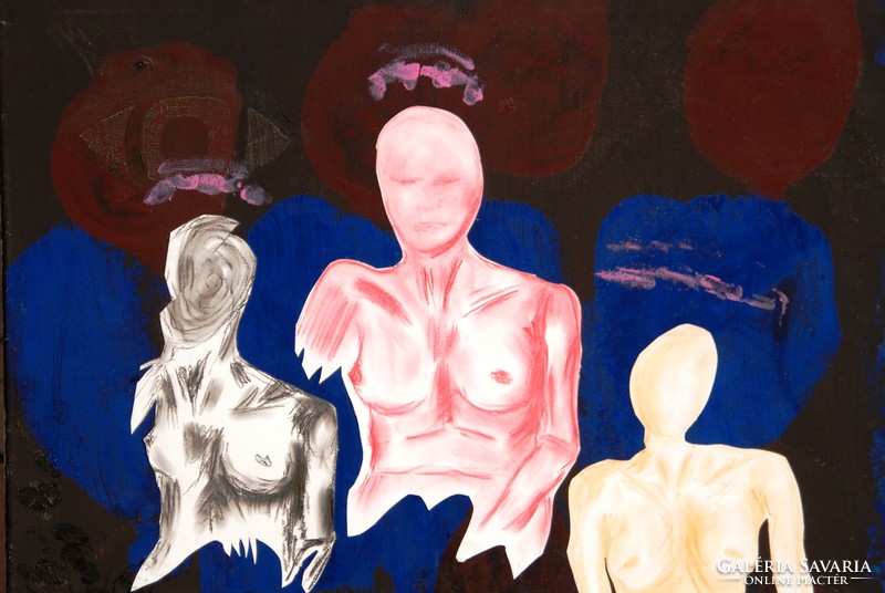 The three graces - collage, oil on canvas paper