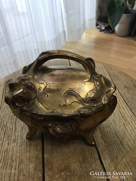 Antique art nouveau gilded tin jewelry box