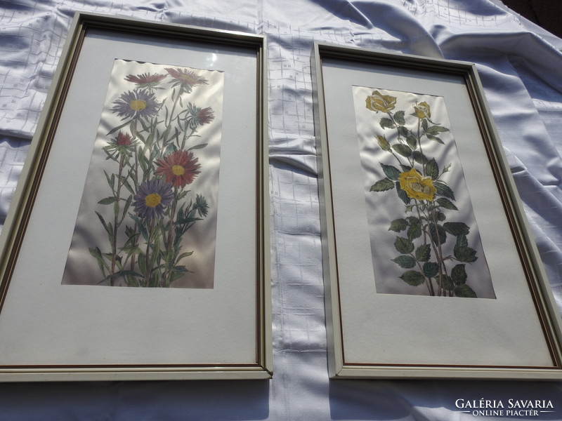 Bécsi műkereskedésből : Selyemfestmény pár - Virágok