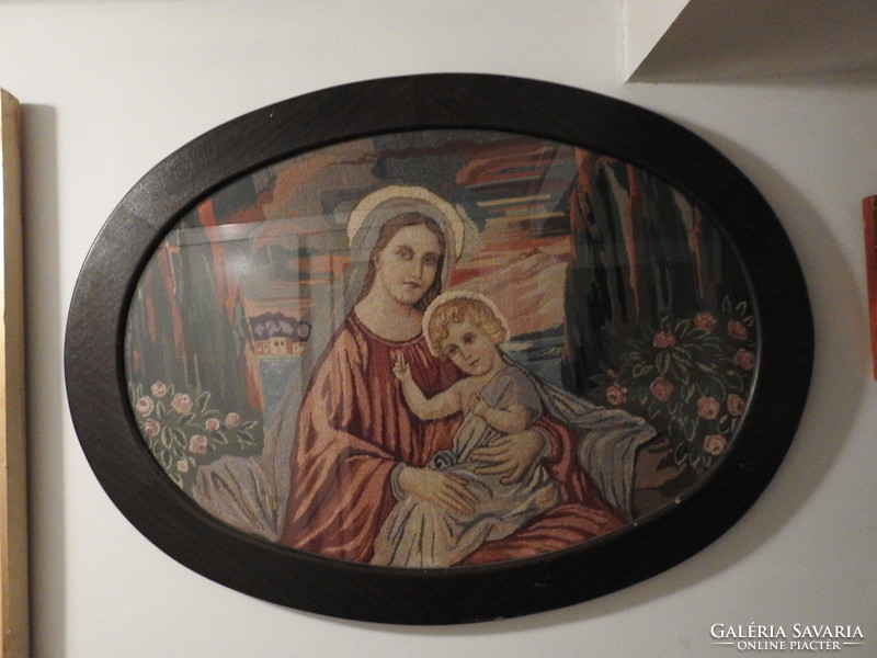 Antique huge needle tapestry picture in oval wooden frame - Virgin Mary with your baby