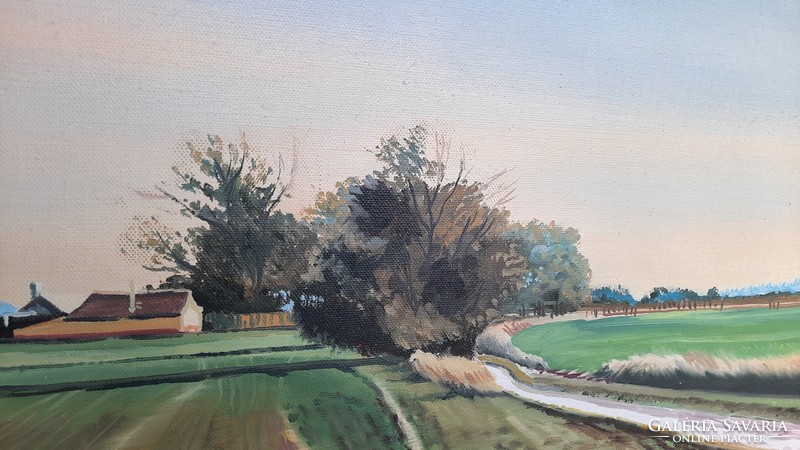György Kornis: distant farm (oil on canvas, with frame, 60x80 cm, signed) Great Plain landscape